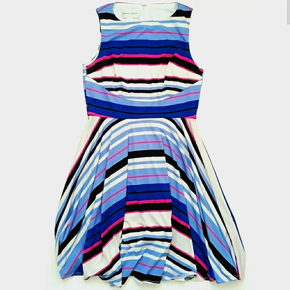 3/$20 Donna Morgan A line Flared Blue Pink Striped Midi Length Dress US 6 Medium